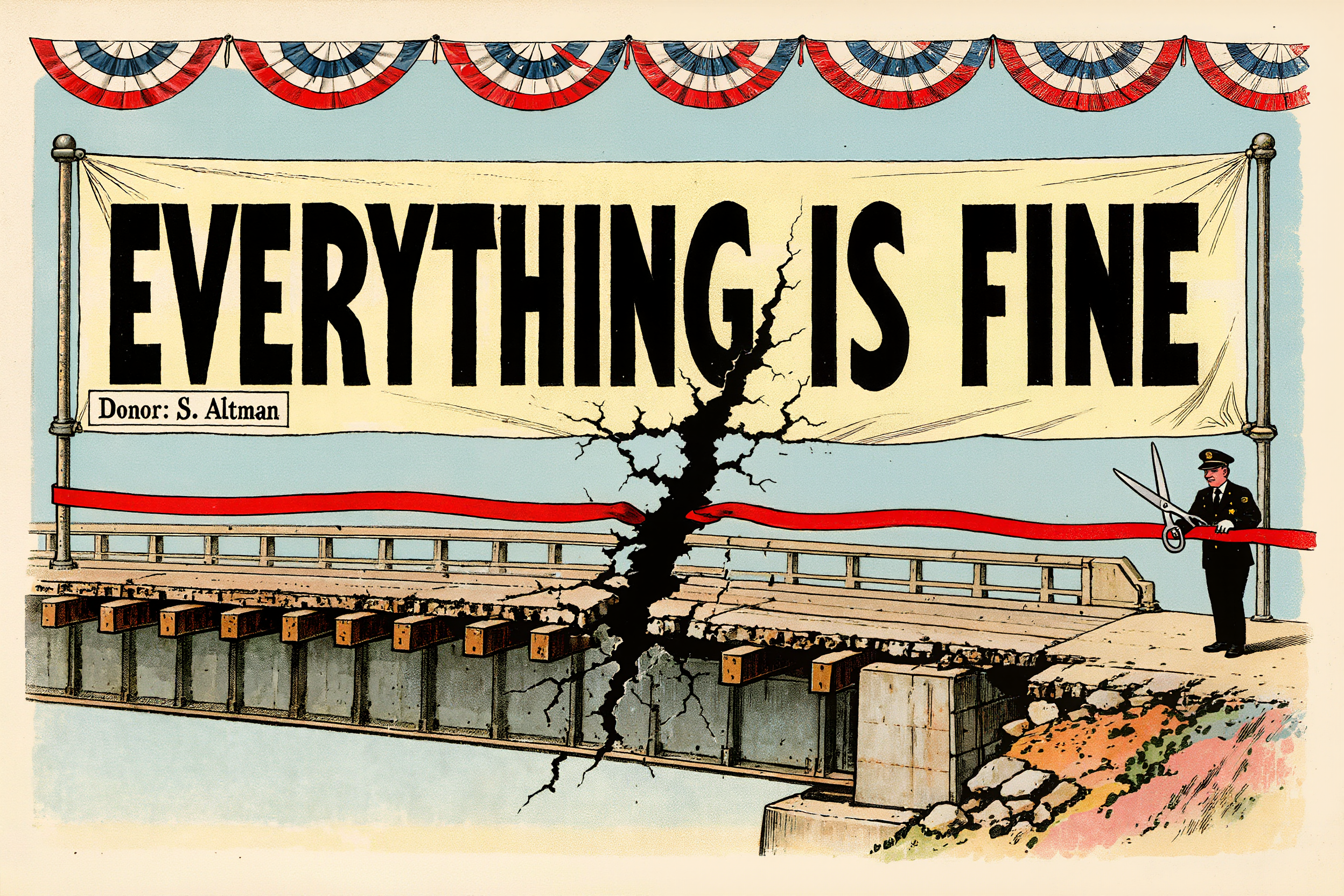Everything Is Fine banner on crumbling bridge